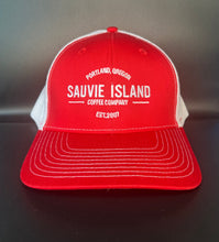 Load image into Gallery viewer, A red and white snapback baseball cap with 'SAUVIE ISLAND COFFEE' embroidered on the front.
